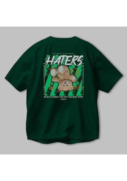 Haters Bear Arka Baskılı Zümrüt Yeşili Oversize T-Shirt Unisex Erkek Kadın Bisiklet Yaka modelleri