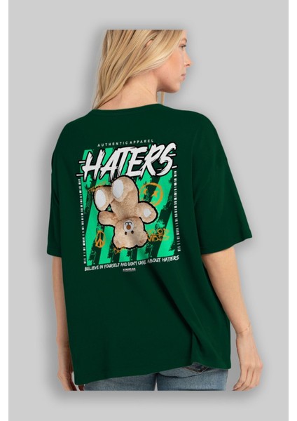 Haters Bear Arka Baskılı Zümrüt Yeşili Oversize T-Shirt Unisex Erkek Kadın Bisiklet Yaka fırsatları