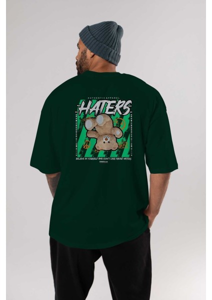 Haters Bear Arka Baskılı Zümrüt Yeşili Oversize T-Shirt Unisex Erkek Kadın Bisiklet Yaka indirimleri