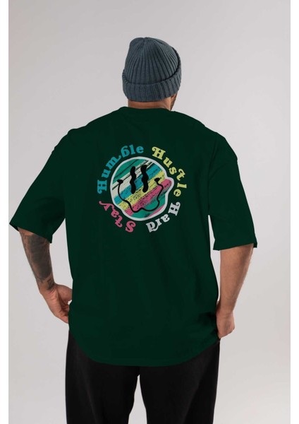 Stay Humble 2 Arka Baskılı Zümrüt Yeşili Oversize T-Shirt Erkek Kadın Bisiklet Yaka