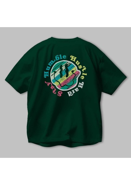 Stay Humble 2 Arka Baskılı Zümrüt Yeşili Oversize T-Shirt Erkek Kadın Bisiklet Yaka modelleri
