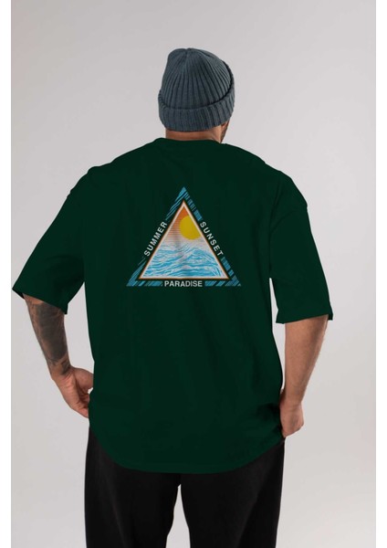 Summer Sunset Paradise Arka Baskılı Zümrüt Yeşili Oversize T-Shirt Erkek Kadın Bisiklet Yaka