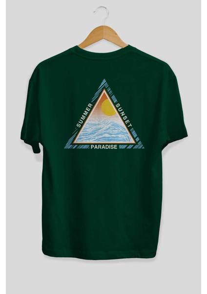 Summer Sunset Paradise Arka Baskılı Zümrüt Yeşili Oversize T-Shirt Erkek Kadın Bisiklet Yaka fiyatları