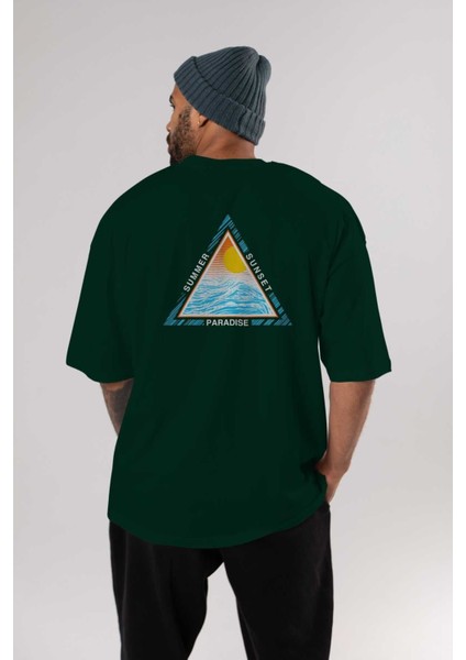 Summer Sunset Paradise Arka Baskılı Zümrüt Yeşili Oversize T-Shirt Erkek Kadın Bisiklet Yaka indirimleri