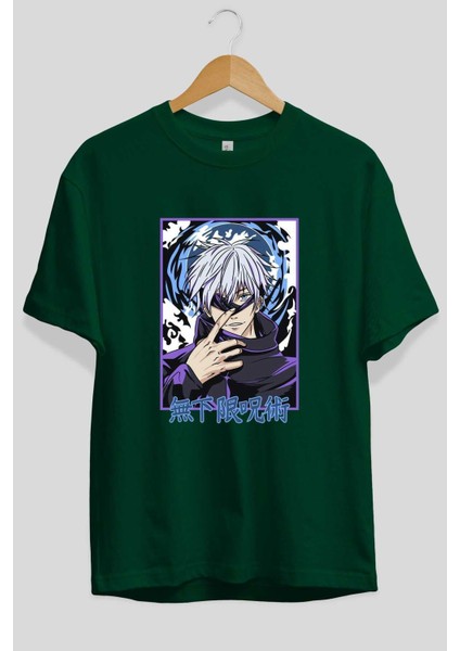 Satoru Gojo 3 Anime Ön Baskılı Zümrüt Yeşili Oversize T-Shirt Erkek Kadın fiyatları
