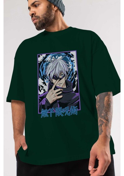 Satoru Gojo 3 Anime Ön Baskılı Zümrüt Yeşili Oversize T-Shirt Erkek Kadın modelleri
