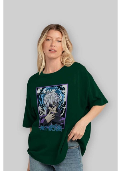 Satoru Gojo 3 Anime Ön Baskılı Zümrüt Yeşili Oversize T-Shirt Erkek Kadın fırsatları
