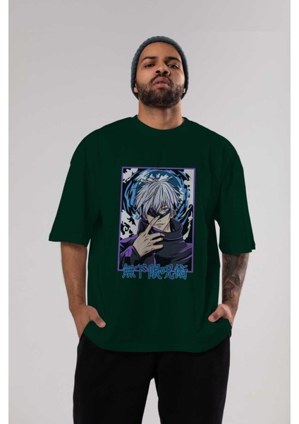 Satoru Gojo 3 Anime Ön Baskılı Zümrüt Yeşili Oversize T-Shirt Erkek Kadın indirimleri