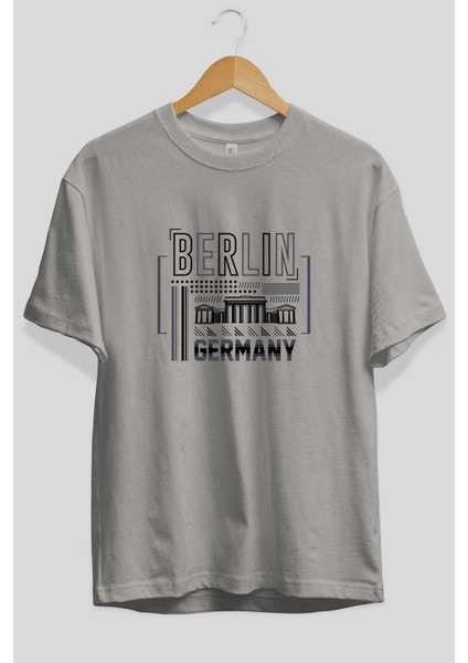 Berlin 2 Ön Baskılı Gri Oversize T-Shirt Unisex Erkek Kadın Bisiklet Yaka fiyatları