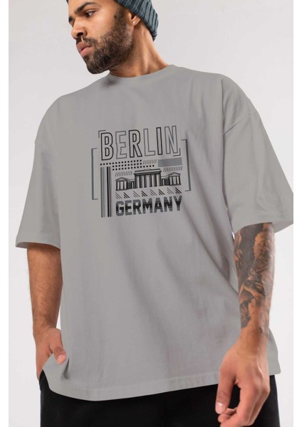 Berlin 2 Ön Baskılı Gri Oversize T-Shirt Unisex Erkek Kadın Bisiklet Yaka modelleri