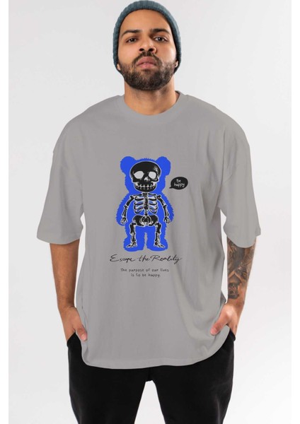 Be Happy Bear Ön Baskılı Gri Oversize T-Shirt Unisex Erkek Kadın Bisiklet Yaka