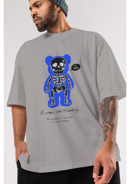 Be Happy Bear Ön Baskılı Gri Oversize T-Shirt Unisex Erkek Kadın Bisiklet Yaka modelleri