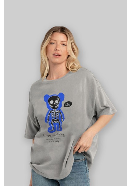 Be Happy Bear Ön Baskılı Gri Oversize T-Shirt Unisex Erkek Kadın Bisiklet Yaka fırsatları