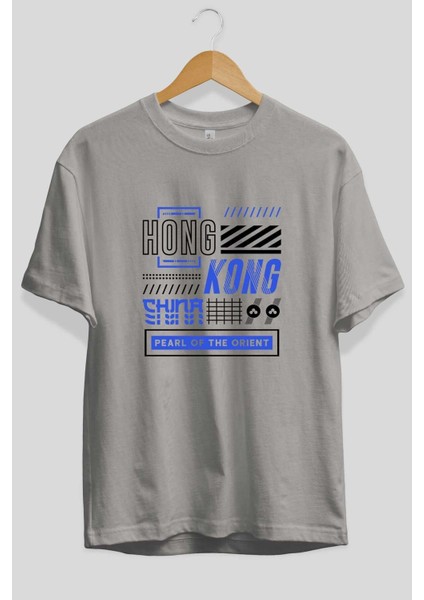 Hong Kong Ön Baskılı Gri Oversize T-Shirt Unisex Erkek Kadın Bisiklet Yaka fiyatları