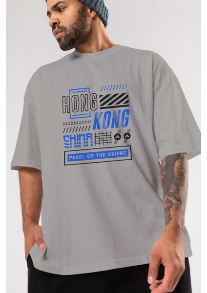 Hong Kong Ön Baskılı Gri Oversize T-Shirt Unisex Erkek Kadın Bisiklet Yaka modelleri