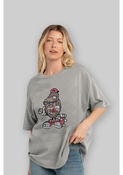 Gorilla Skater Ön Baskılı Gri Oversize T-Shirt Unisex Erkek Kadın Bisiklet Yaka fırsatları