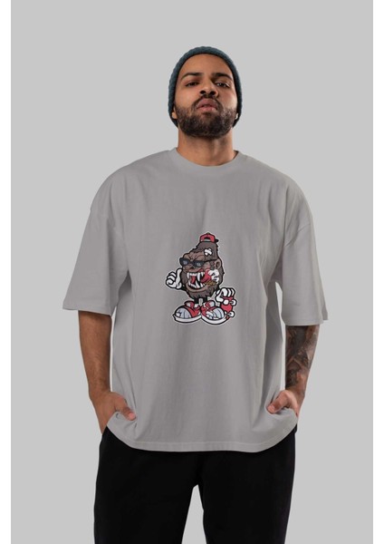 Gorilla Skater Ön Baskılı Gri Oversize T-Shirt Unisex Erkek Kadın Bisiklet Yaka indirimleri