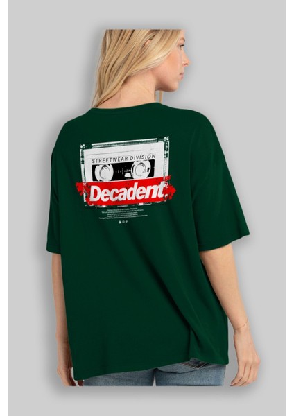 Decadent Arka Baskılı Zümrüt Yeşili Oversize T-Shirt Unisex Erkek Kadın Bisiklet Yaka fırsatları