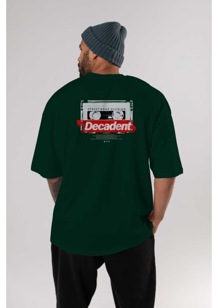 Decadent Arka Baskılı Zümrüt Yeşili Oversize T-Shirt Unisex Erkek Kadın Bisiklet Yaka indirimleri