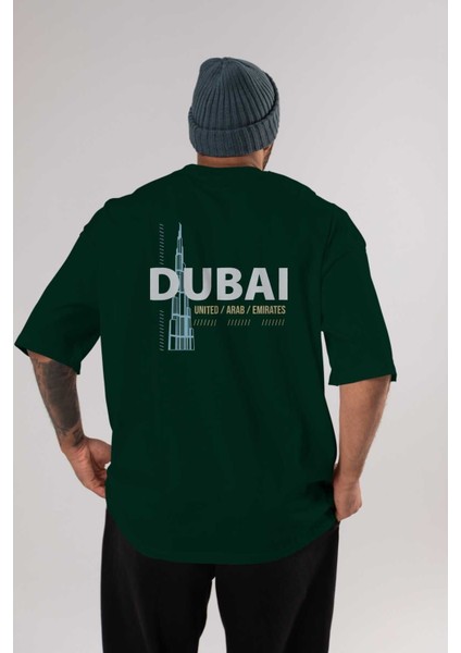 Dubai Arka Baskılı Zümrüt Yeşili Oversize T-Shirt Unisex Erkek Kadın Bisiklet Yaka