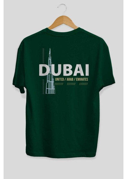 Dubai Arka Baskılı Zümrüt Yeşili Oversize T-Shirt Unisex Erkek Kadın Bisiklet Yaka fiyatları