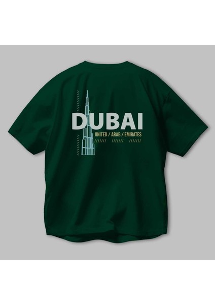 Dubai Arka Baskılı Zümrüt Yeşili Oversize T-Shirt Unisex Erkek Kadın Bisiklet Yaka modelleri