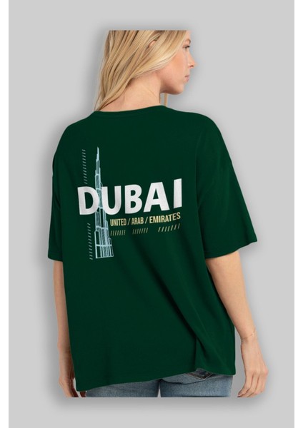Dubai Arka Baskılı Zümrüt Yeşili Oversize T-Shirt Unisex Erkek Kadın Bisiklet Yaka fırsatları