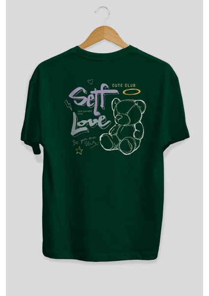 Self Love Bear Arka Baskılı Zümrüt Yeşili Oversize T-Shirt Erkek Kadın Bisiklet Yaka fiyatları