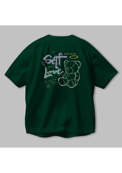Self Love Bear Arka Baskılı Zümrüt Yeşili Oversize T-Shirt Erkek Kadın Bisiklet Yaka modelleri