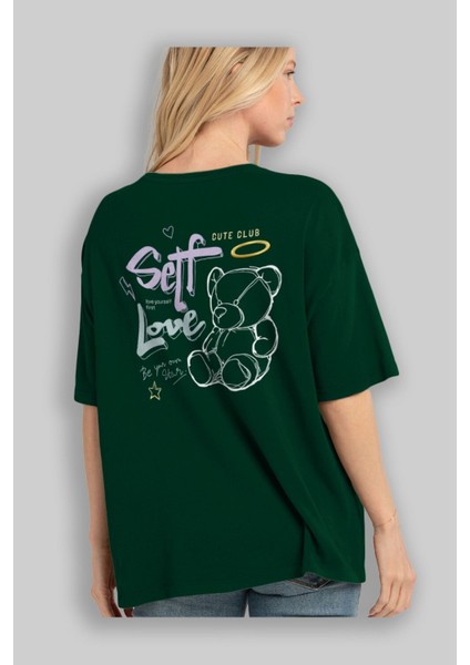 Self Love Bear Arka Baskılı Zümrüt Yeşili Oversize T-Shirt Erkek Kadın Bisiklet Yaka fırsatları
