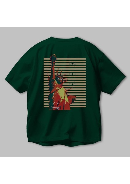 The World Around You Arka Baskılı Zümrüt Yeşili Oversize T-Shirt Erkek Kadın Bisiklet Yaka modelleri