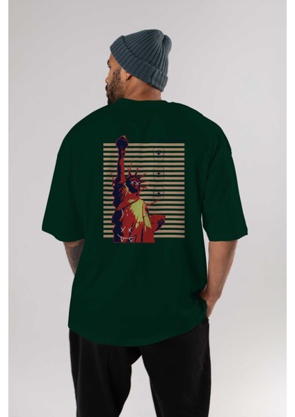 The World Around You Arka Baskılı Zümrüt Yeşili Oversize T-Shirt Erkek Kadın Bisiklet Yaka indirimleri