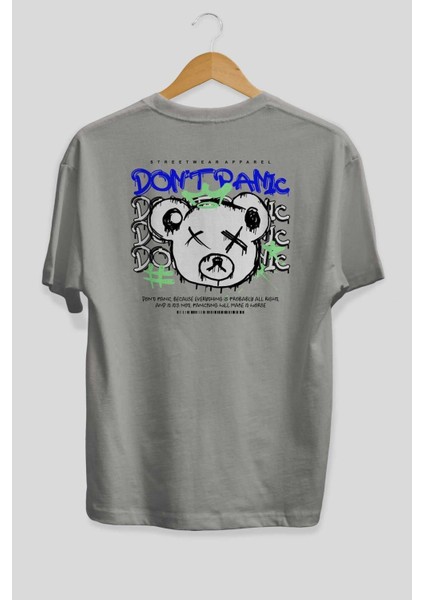 Teddy Bear Dont Panic Arka Baskılı Gri Oversize T-Shirt Unisex Erkek Kadın Bisiklet Yaka fiyatları
