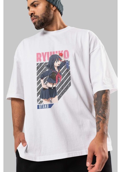 Ryuuko Matoi 6 Anime Ön Baskılı Beyaz Oversize T-Shirt Erkek Kadın modelleri