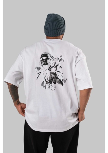 Joker 2 Arka Baskılı Beyaz Oversize T-Shirt Bisiklet Yaka Pamuk Erkek Kadın