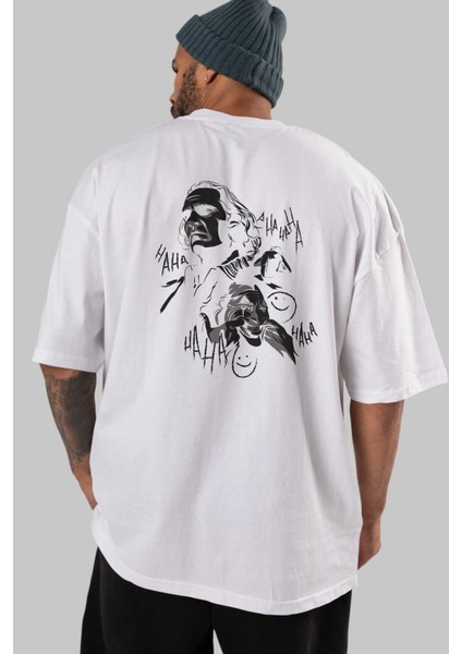 Joker 2 Arka Baskılı Beyaz Oversize T-Shirt Bisiklet Yaka Pamuk Erkek Kadın indirimleri