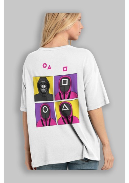 Squid Game (1) Arka Baskılı Beyaz Oversize T-Shirt Bisiklet Yaka Pamuk Erkek Kadın modelleri