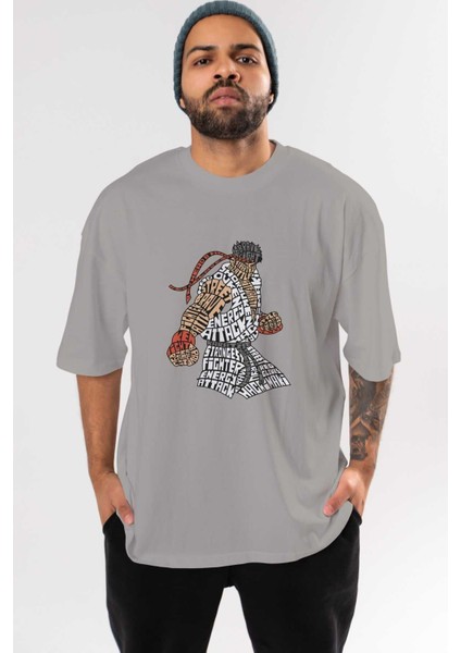 Hadouken Ön Baskılı Gri Oversize T-Shirt Unisex Erkek Kadın Bisiklet Yaka