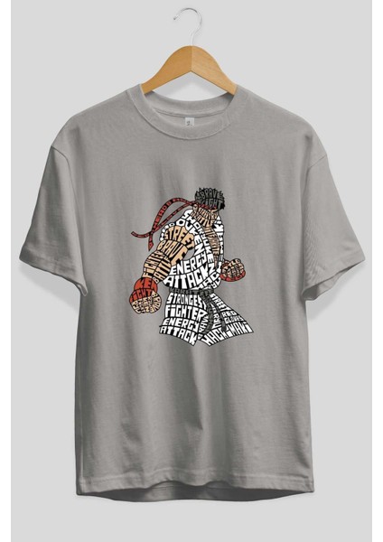 Hadouken Ön Baskılı Gri Oversize T-Shirt Unisex Erkek Kadın Bisiklet Yaka fiyatları