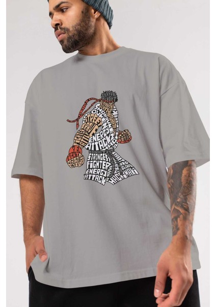 Hadouken Ön Baskılı Gri Oversize T-Shirt Unisex Erkek Kadın Bisiklet Yaka modelleri