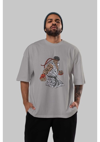 Hadouken Ön Baskılı Gri Oversize T-Shirt Unisex Erkek Kadın Bisiklet Yaka indirimleri