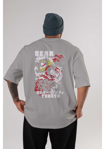 Luffy Gear Fourth Anime Arka Baskılı Gri Oversize T-Shirt %100 Pamuk Erkek Kadın