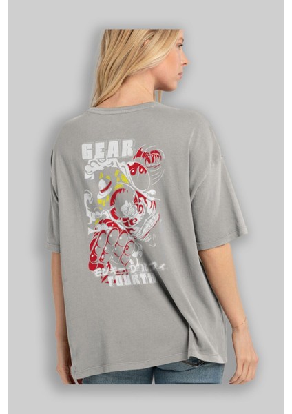 Luffy Gear Fourth Anime Arka Baskılı Gri Oversize T-Shirt %100 Pamuk Erkek Kadın modelleri