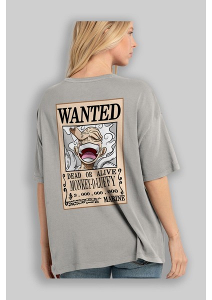 Cartel Luffy Gear 5 Anime Arka Baskılı Gri Oversize T-Shirt %100 Pamuk Erkek Kadın modelleri