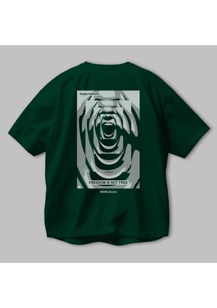Freedom Not Free 2 Arka Baskılı Zümrüt Yeşili Oversize T-Shirt Unisex Erkek Kadın Bisiklet Yaka modelleri