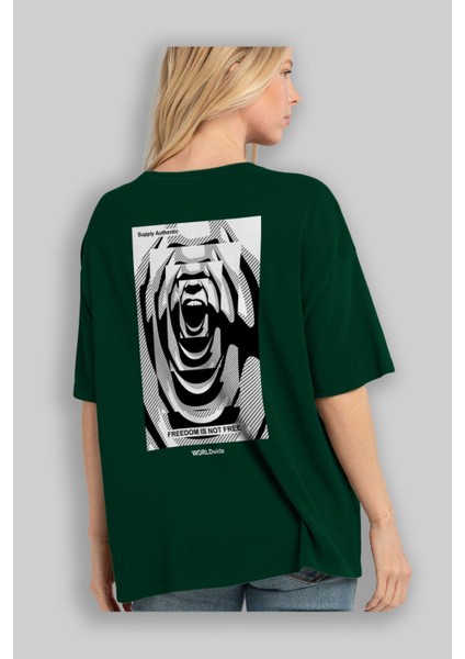 Freedom Not Free 2 Arka Baskılı Zümrüt Yeşili Oversize T-Shirt Unisex Erkek Kadın Bisiklet Yaka fırsatları