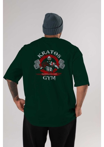 Kratos Gym Arka Baskılı Zümrüt Yeşili Oversize T-Shirt Bisiklet Yaka Erkek Kadın