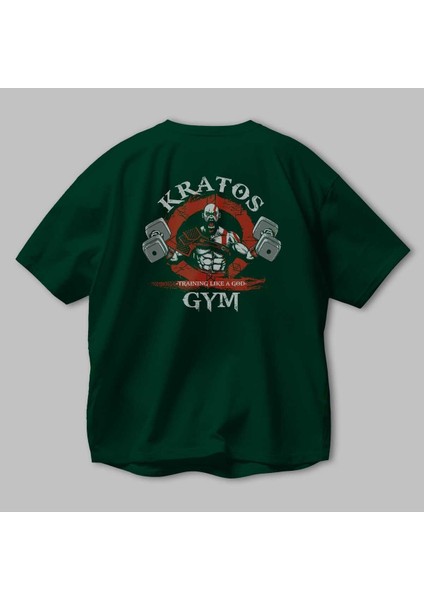 Kratos Gym Arka Baskılı Zümrüt Yeşili Oversize T-Shirt Bisiklet Yaka Erkek Kadın modelleri