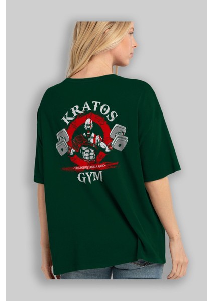 Kratos Gym Arka Baskılı Zümrüt Yeşili Oversize T-Shirt Bisiklet Yaka Erkek Kadın fırsatları