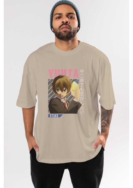 Yuuta Togashi 2 Anime Ön Baskılı Bej Oversize T-Shirt Erkek Kadın